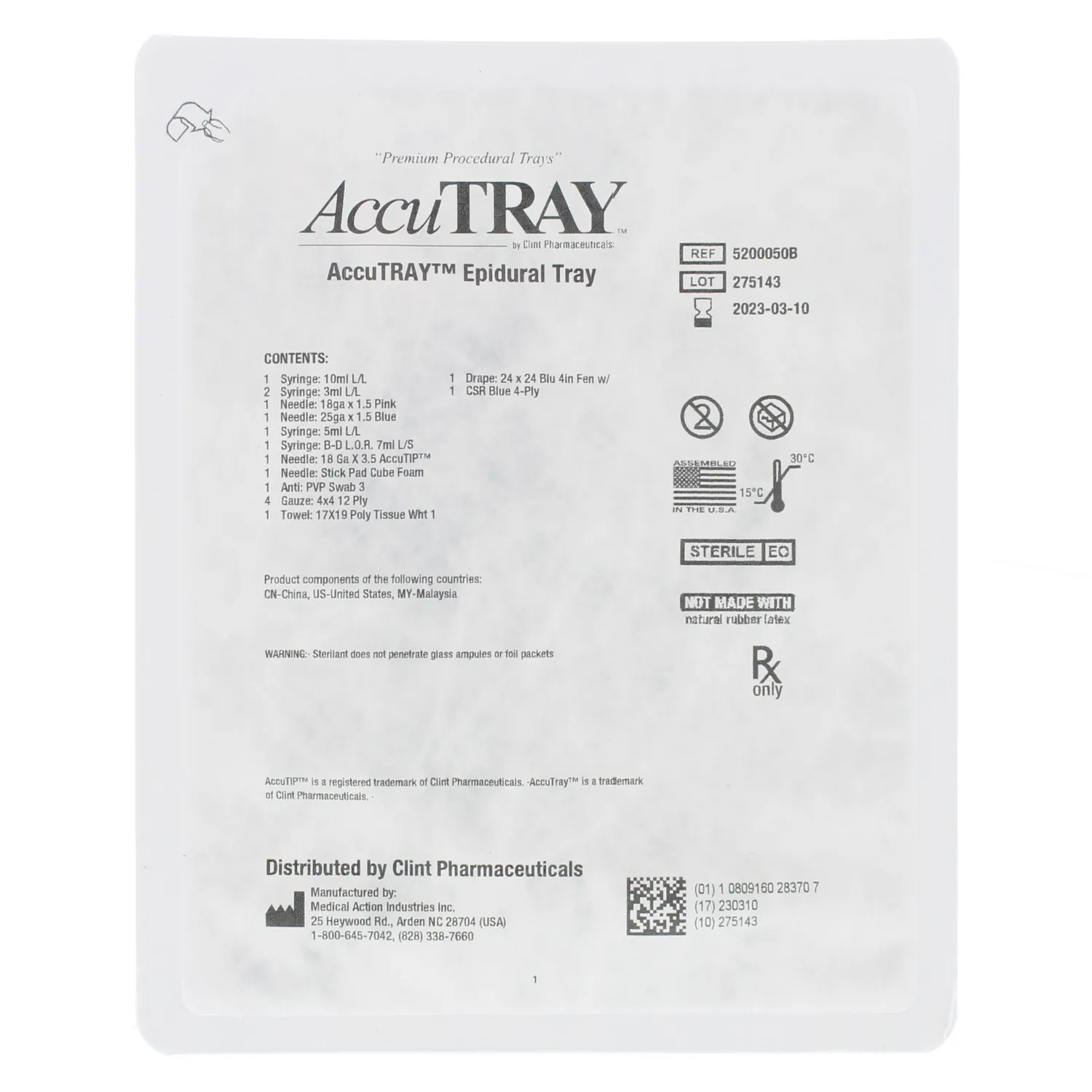 AccuTray™ Epidural Tray w/18g Tuohy Needle